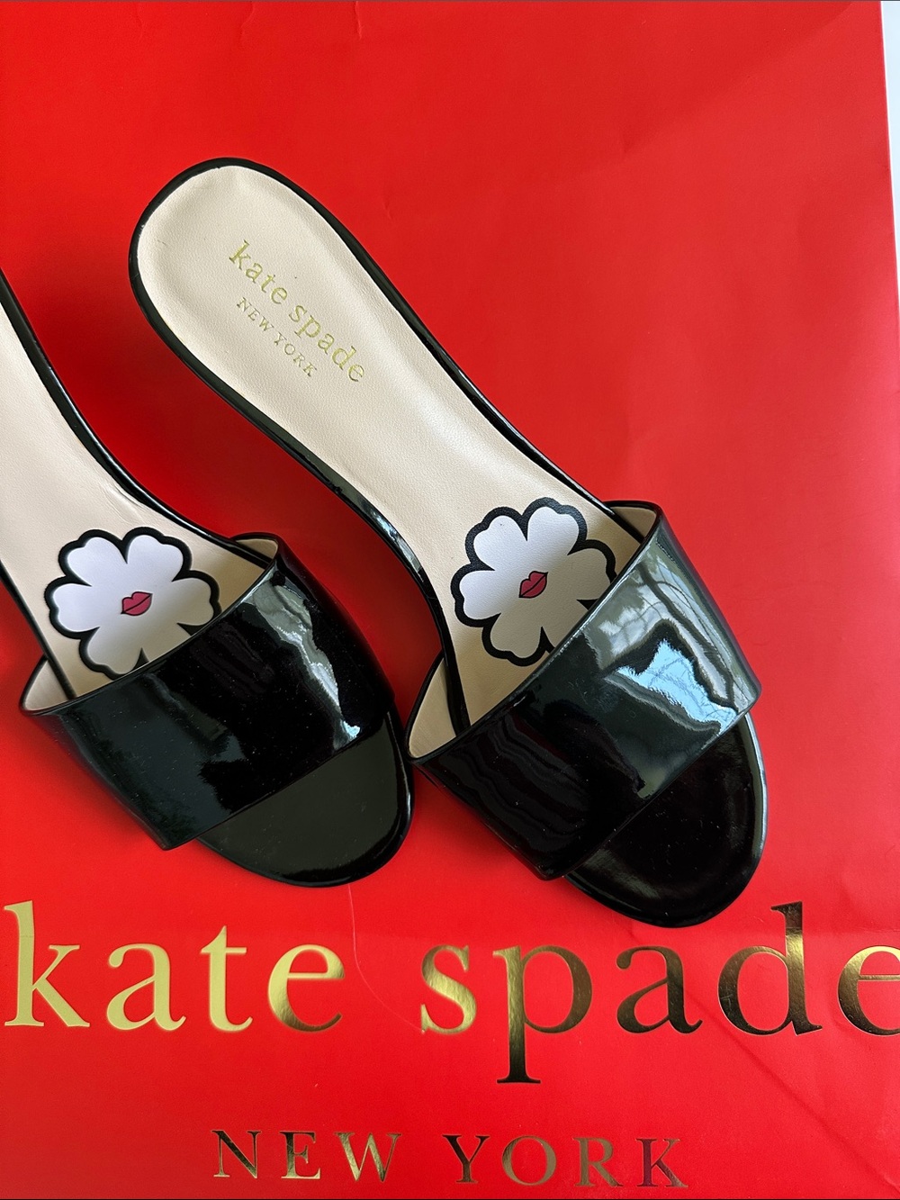 kate spade Black Patent Slide Mules with Floral Insole